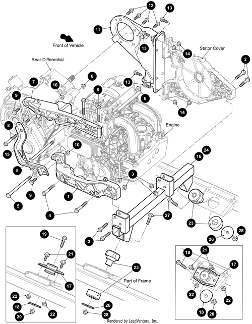 Exploded diagram of a vehicle rear differential assembly with labeled parts, including engine, stator cover, frame mounts, and OEM Arctic Cat parts like the Hex Flange Bolt M12-1.75 X 70--Cls 10.9 by Arctic Cat. Insets show detailed UTV accessories and components.