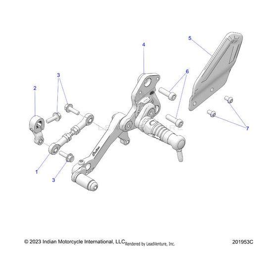 Exploded diagram of a motorcycle footpeg assembly featuring numbered parts like pegs, brackets, bolts, and linkage in technical style—highlighting the Protector LH Gilles by Polaris OEM part.