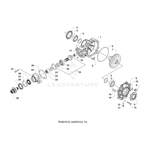 Exploded technical diagram of the Arctic Cat Gearcase Housing assembly, showing gears, bearings, seals, and housing components in sequence with numbered callouts for identifying OEM Arctic Cat Gearcase Housing parts.