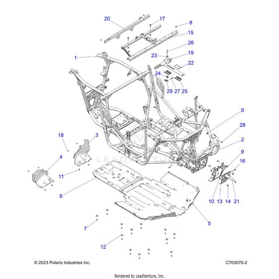 An Image of a Genuine Polaris Parts Schematic Diagram showing the schematic - CHASSIS: MAIN FRAME AND SKID PLATES - 2025 POLARIS RZR XP 1000 PREMIUM