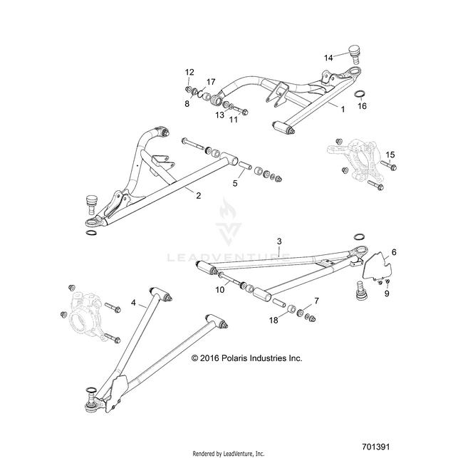 An Image of a Genuine Polaris Parts Schematic Diagram showing the schematic - SUSPENSION: FRONT CONTROL ARMS - 2017 POLARIS RZR XP TURBO