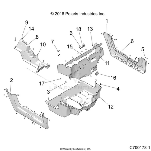 An Image of a Genuine Polaris Parts Schematic Diagram showing the schematic - BODY: FLOOR and ROCKER PANELS - 2021 POLARIS RZR TRAIL