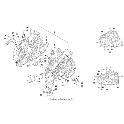 Exploded diagram of an engine crankcase assembly with OEM Arctic Cat parts, including the Flange Bolt (M8X1.25X50) by Arctic Cat. Inset diagrams on the right show detailed areas with numbered callouts for easy identification.