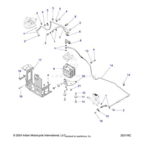 Exploded diagram showing numbered components of a motorcycle part assembly, featuring hoses, mounting brackets, bolts, connectors, and the Weld Bracket Abs Isolated E Coat by Polaris. Each part is labeled for easy technical reference.