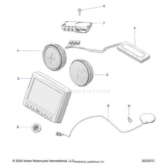A labeled diagram of motorcycle audio system components, featuring the Tcu Programmed 500G1 V1.2 Global | [Intl] by Polaris, along with speakers, screw, audio control box, wiring harness, touchscreen display, control knob, and microphone.