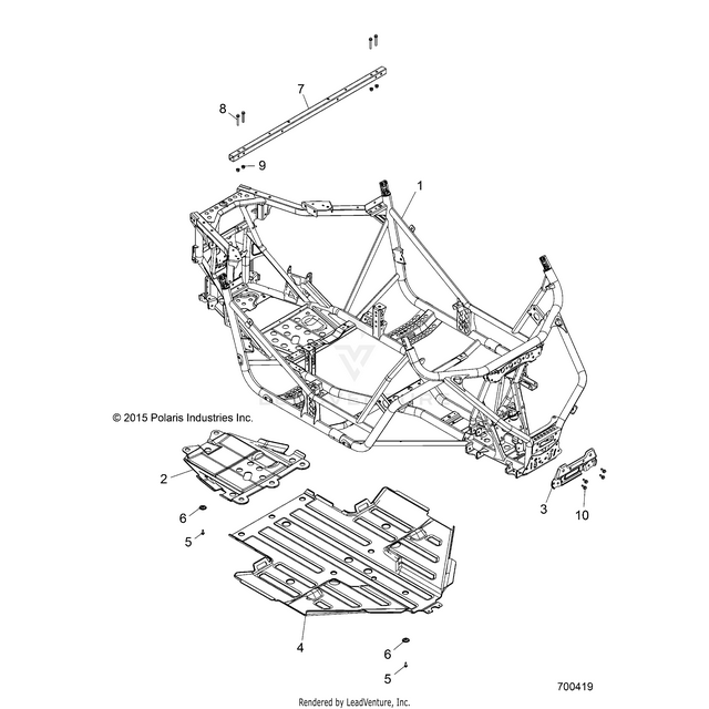 An Image of a Genuine Polaris Parts Schematic Diagram showing the schematic - CHASSIS: MAIN FRAME AND SKID PLATE - 2018 POLARIS RZR S 1000 EPS