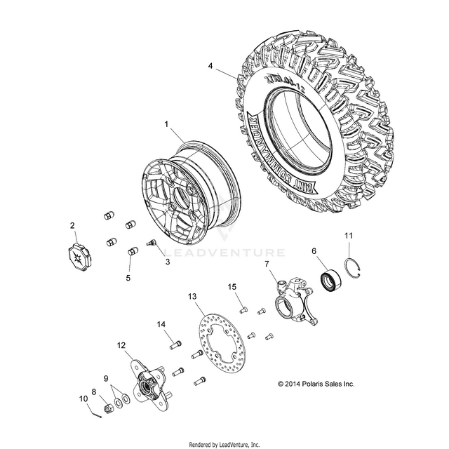 An Image of a Genuine Polaris Parts Schematic Diagram showing the schematic - WHEELS: FRONT - 2016 POLARIS RZR S 1000 EPS