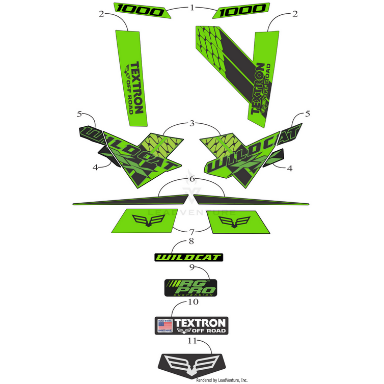 The Side Decal-Lower-Left (Textron) by Arctic Cat features green and black Textron Off Road, 1000, Wildcat, X, and PRO text with wing logos—ideal as OEM Arctic Cat Wildcat parts. Decals labeled 1–11 in the schematic.