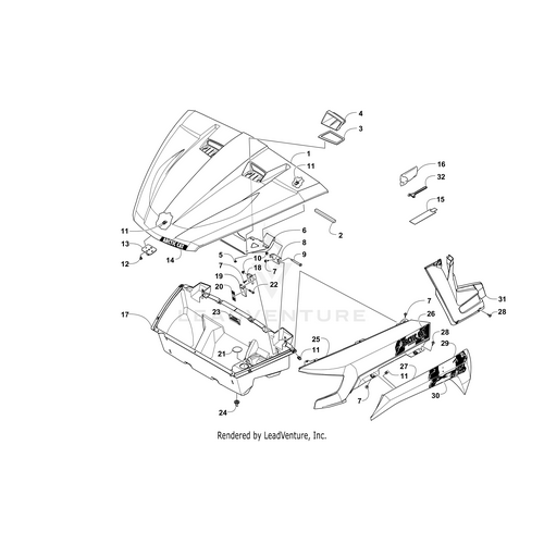 Exploded view diagram of a vehicle body panel assembly, highlighting the Arctic Cat Front Inner Fender - Right - Orange and other labeled parts such as side panels and fasteners—each numbered for quick Arctic Cat OEM part identification.