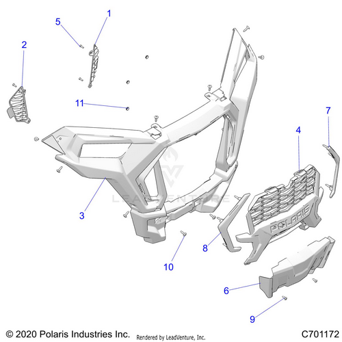 An Image of a Genuine Polaris Parts Schematic Diagram showing the schematic - BODY: FRONT BUMPER - 2022 POLARIS RZR XP 1000 PREMIUM