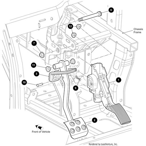 Line drawing of a vehicle’s pedal assembly showing brake and accelerator pedals with labeled parts, bolts, and the OEM Arctic Cat Hair Pin Cotter* attached to the chassis frame. Numbered callouts indicate specific components for identification.