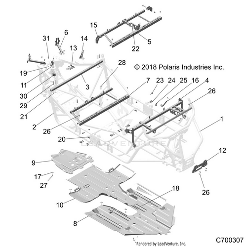 An Image of a Genuine Polaris Parts Schematic Diagram showing the schematic - CHASSIS: MAIN FRAME AND SKID PLATE - 2021 POLARIS RZR S 4 1000