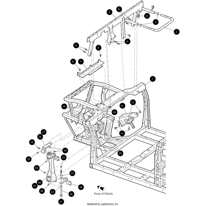 Exploded diagram of a Wildcat Prowler Alterra vehicle frame and dashboard with numbered OEM Arctic Cat parts, including structural beams, brackets, hardware, and the Door Hinge Bracket Mtg Right-Weld by Arctic Cat on the front chassis.