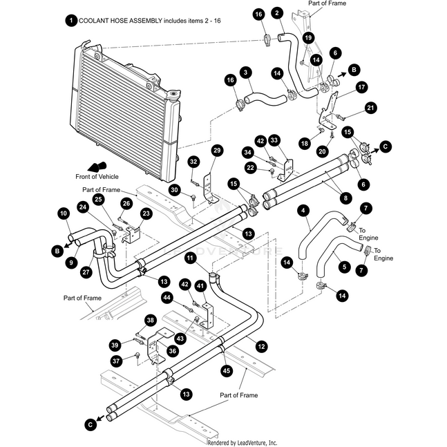 Exploded diagram of an Arctic Cat UTV coolant hose assembly, showing labeled hoses, clamps, connectors, and the Mid Size Mount Rear Routing Bracket Black by Arctic Cat with numbered OEM parts and arrows showing fluid flow.