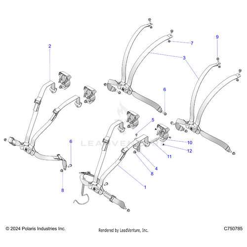 An Image of a Genuine Polaris Parts Schematic Diagram showing the schematic - BODY: SEAT BELT MOUNTING - 2025 POLARIS RZR PRO S 4 SPORT