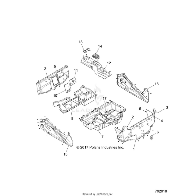 An Image of a Genuine Polaris Parts Schematic Diagram showing the schematic - BODY: FLOOR and ROCKER PANELS - 2018 POLARIS RZR XP 1000