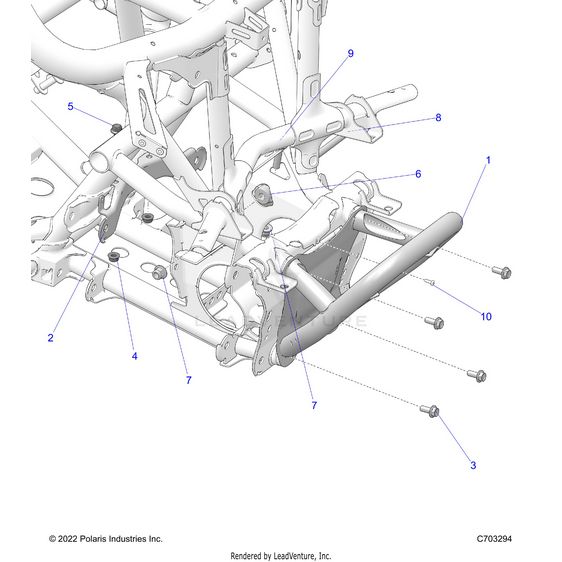 An Image of a Genuine Polaris Parts Schematic Diagram showing the schematic - CHASSIS: MOUNTING FRONT GEARCASE AND BUMPER MOUNTING - 2023 POLARIS RZR TURBO R 4 PREMIUM RIDE COMMAND