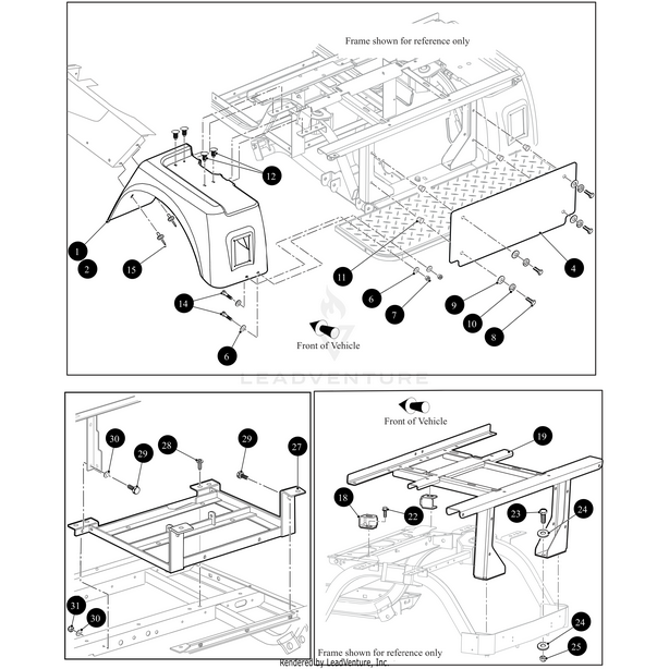 Black and white assembly diagram with numbered parts showing installation of a vehicle’s rear frame, wheel arch sections, and Arctic Cat Rear Fender Left. Inset diagrams highlight details. Front of Vehicle labeled. Witchdoctors.com.