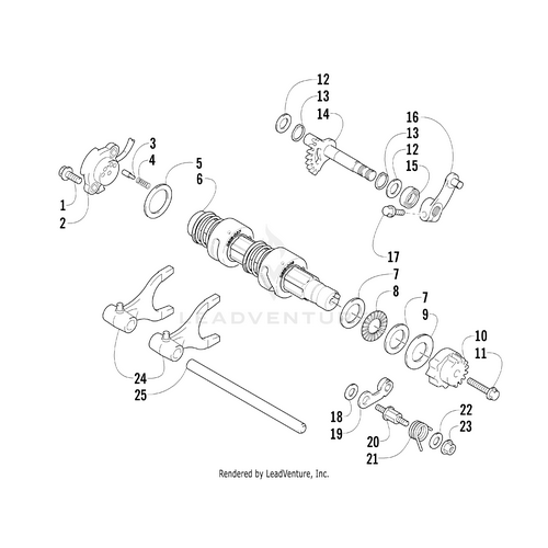 Exploded diagram of a motorcycle transmission assembly, highlighting numbered parts for easy identification—perfect for finding the OEM Arctic Cat Torsion Spring Cam Arm or getting replacements from Witchdoctors.com.