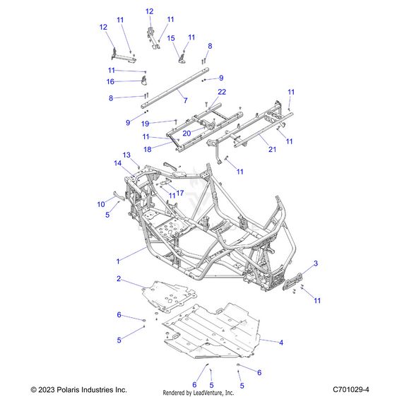 An Image of a Genuine Polaris Parts Schematic Diagram showing the schematic - CHASSIS: MAIN FRAME AND SKID PLATE - 2025 POLARIS RZR 900 TRAIL S