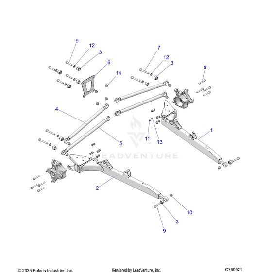 An Image of a Genuine Polaris Parts Schematic Diagram showing the schematic - SUSPENSION: REAR TRAILING ARMS AND MOUNTING - 2026 POLARIS RZR XP 4 1000 SPORT
