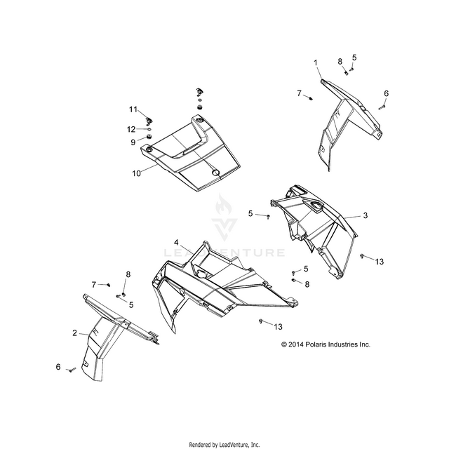An Image of a Genuine Polaris Parts Schematic Diagram showing the schematic - BODY: HOOD AND FRONT BODY WORK - 2015 POLARIS RZR 900/900 EPS
