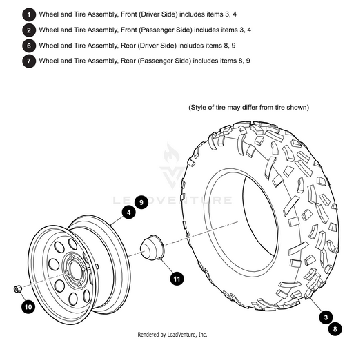 Exploded line drawing of the Wheel & Tire Assembly Steel Front Right Includes Items 3 4 by Arctic Cat, with labeled tire, wheel, center cap, and lug nuts—perfect for OEM Arctic Cat UTV parts or accessories.