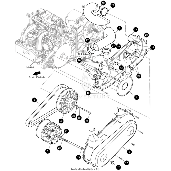 Exploded view of a vehicles engine and drive assembly, featuring labeled parts like the engine, Arctic Cat Bolt M14-1.5 X 210 Mx Hx, pulleys, clutch, belts, and covers—perfect for sourcing OEM Arctic Cat parts at Witchdoctors.com. Arrows indicate the front.