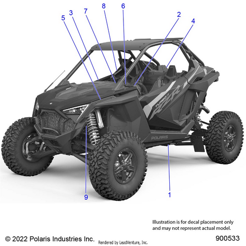 An Image of a Genuine Polaris Parts Schematic Diagram showing the schematic - BODY: DECALS STANDARD - 2023 POLARIS RZR PRO XP PREMIUM