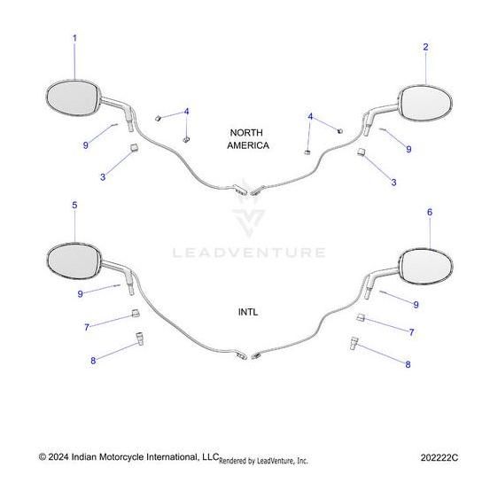 Diagram displaying two sets of motorcycle rearview mirrors for North America and INTL. Sets like Mirror Ind Bsd Fblk [Includes 1, 2, 3] by Polaris feature numbered assembly components, all available at Witchdoctors.com.