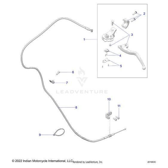 Diagram of a motorcycle clutch cable assembly with numbered parts, featuring the Clutch Lever Bracket Ind Chrome | [Incl. 2 5] by Polaris, cable, lever, bracket, screws, and clips. An inset highlights handlebar lever components and Polaris Parts.