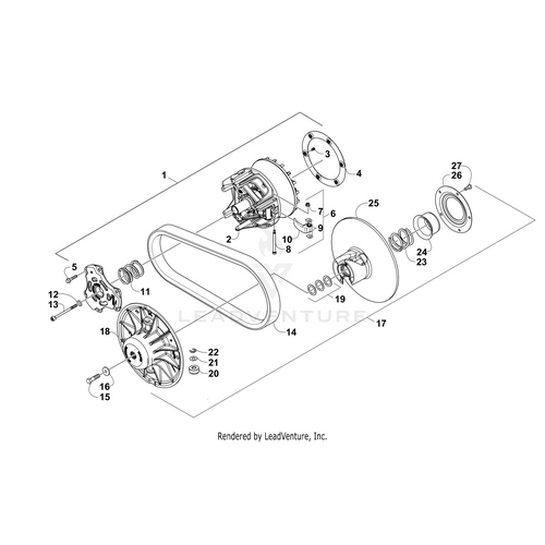 Exploded view diagram of a mechanical belt drive for the Arctic Cat Wildcat, featuring OEM parts like the Thrust Washer (Rb 0648-700) by Arctic Cat, along with a belt, pulleys, gears, bolts, washers, and numbered components for easy identification.