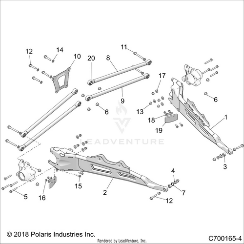 An Image of a Genuine Polaris Parts Schematic Diagram showing the schematic - SUSPENSION: REAR CONTROL ARMS - 2019 POLARIS RZR XP 4 TURBO S VELOCITY