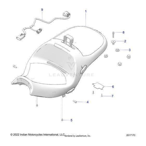 Technical diagram of a motorcycle seat assembly highlighting the main seat, connectors, bolts, washers—including the Polaris Screw Txbhfl M4X1.0X20 Thd Form—with numbered factory components.