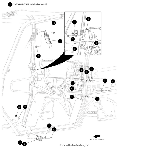 Technical diagram labeling interior frame parts of a vehicle, highlighting components 6–12 and the Retractor Seat Belt 112 Inch by Arctic Cat, with wiring harness and hardware kit instructions showing specific mounting and connection points.