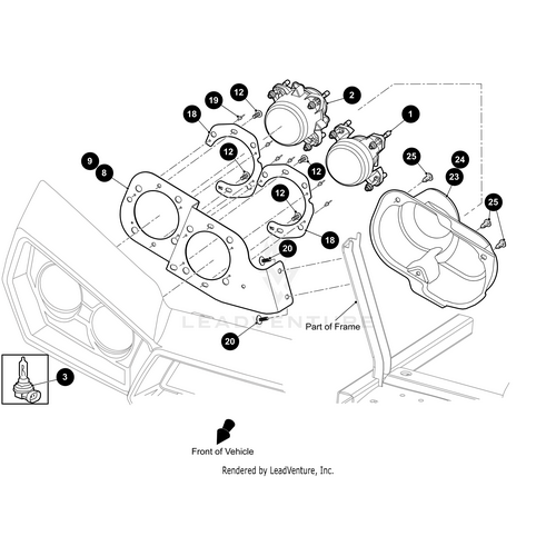 Exploded diagram of the Headlight 90Mm Low Beam H9 12V 65W Sae by Arctic Cat, showing numbered OEM parts such as headlights, mounting plates, screws, and frame components on the front end of an Arctic Cat UTV.