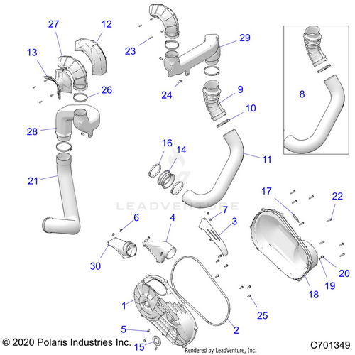 An Image of a Genuine Polaris Parts Schematic Diagram showing the schematic - DRIVE TRAIN: CLUTCH COVER AND DUCTING - 2022 POLARIS RZR XP 1000 HIGH LIFTER