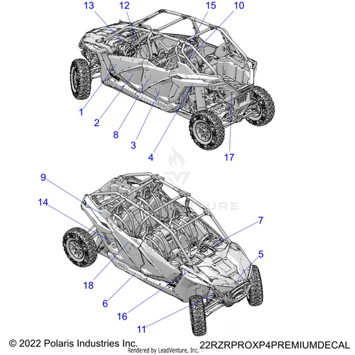 An Image of a Genuine Polaris Parts Schematic Diagram showing the schematic - BODY: DECALS - 2022 POLARIS RZR PRO XP 4 PREMIUM