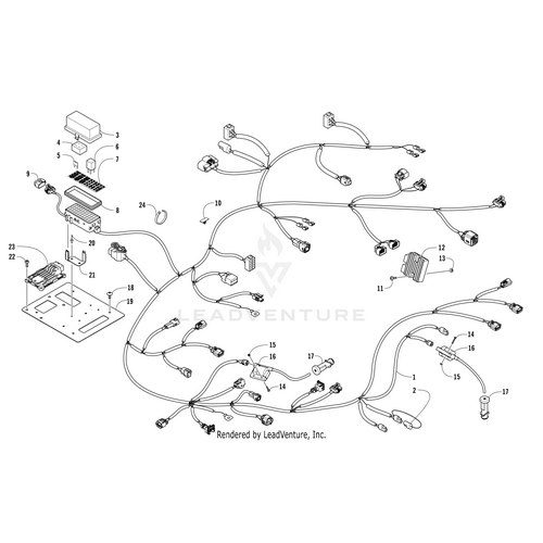 Black and white technical diagram featuring labeled parts and connectors in a branching layout—ideal for referencing OEM Arctic Cat Fuse Block Decal or working on your Arctic Cat Wildcat wiring.