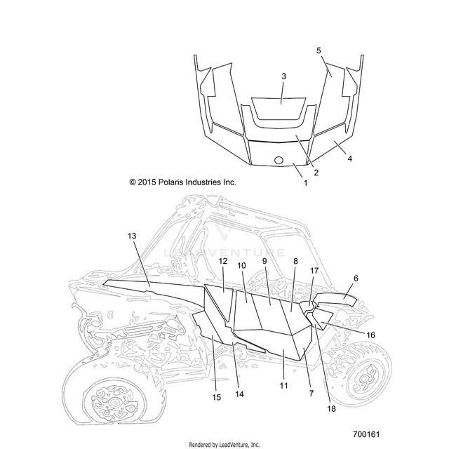 An Image of a Genuine Polaris Parts Schematic Diagram showing the schematic - BODY: DECALS - 2015 POLARIS RZR XP 1000
