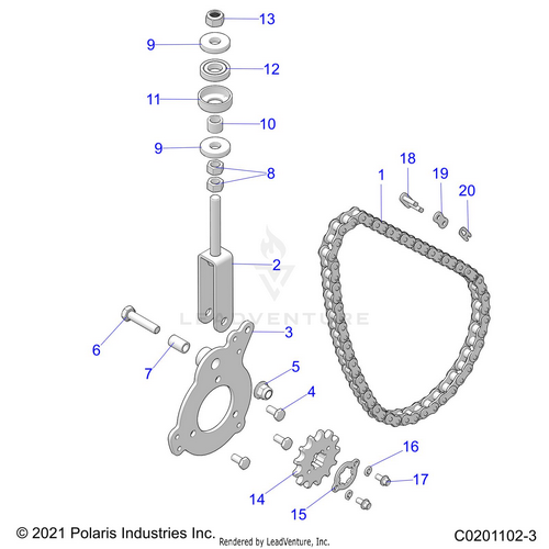 An Image of a Genuine Polaris Parts Schematic Diagram showing the schematic - DRIVE TRAIN: CHAIN TENSIONER AND SPROCKET - 2025 POLARIS RZR 200 MD