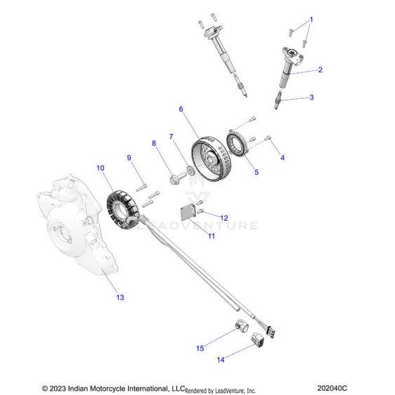 Exploded diagram of motorcycle transmission parts, with labeled gears, shafts, bearings, and fasteners like the Polaris Screw Sh M6X1.0X14 12.9. Each Genuine OEM part is numbered and arranged left to right for easy identification.