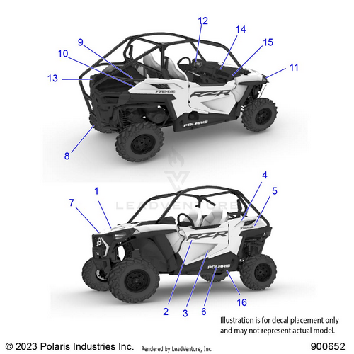 An Image of a Genuine Polaris Parts Schematic Diagram showing the schematic - BODY: DECALS - 2022 POLARIS RZR 900 TRAIL