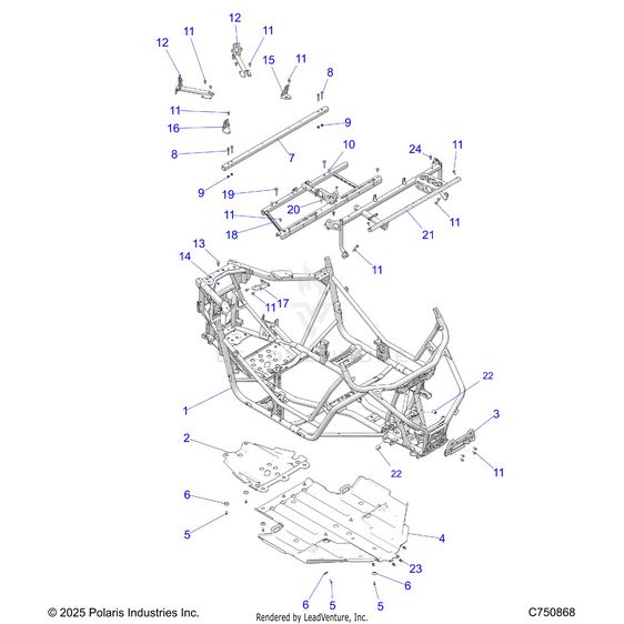 An Image of a Genuine Polaris Parts Schematic Diagram showing the schematic - CHASSIS: MAIN FRAME AND SKID PLATE - 2026 POLARIS RZR TRAIL S 1000 ULTIMATE