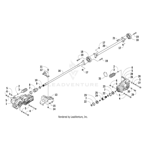 Exploded diagram of a mechanical assembly featuring the Isolator Driveshaft by Arctic Cat, along with gears, shafts, brackets, and fasteners. Each component is spaced apart and labeled with numbers to clearly indicate their order of assembly.