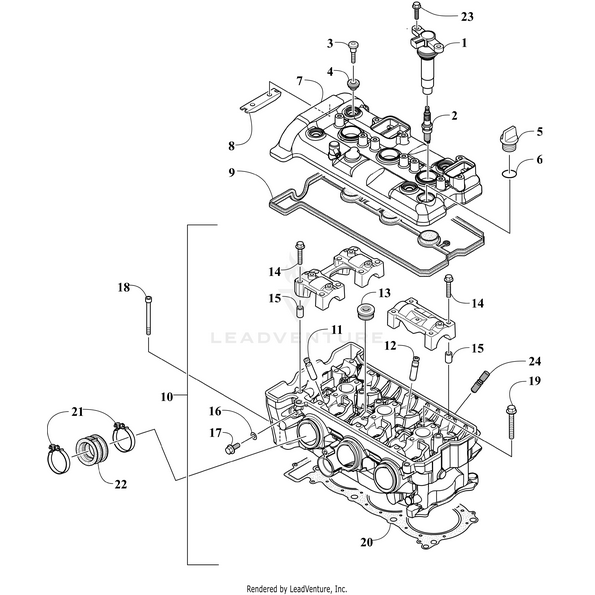 Exploded diagram of the Cylinder Head Assembly 1 (Inc. 11-17) by Arctic Cat, showing labeled parts like cover, bolts, spark plug, gaskets, seals, and internal components arranged in OEM assembly order.
