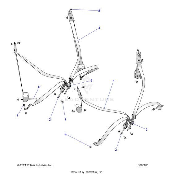 An Image of a Genuine Polaris Parts Schematic Diagram showing the schematic - BODY: SEAT BELT MOUNTING - 2024 POLARIS RZR XP 4 1000 SPORT