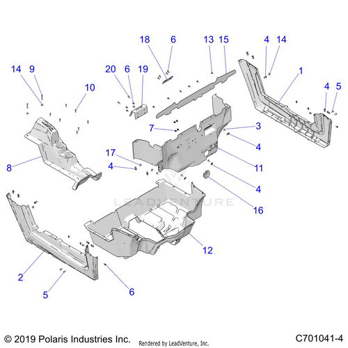 An Image of a Genuine Polaris Parts Schematic Diagram showing the schematic - BODY: FLOOR and ROCKER PANELS - 2020 POLARIS RZR 570