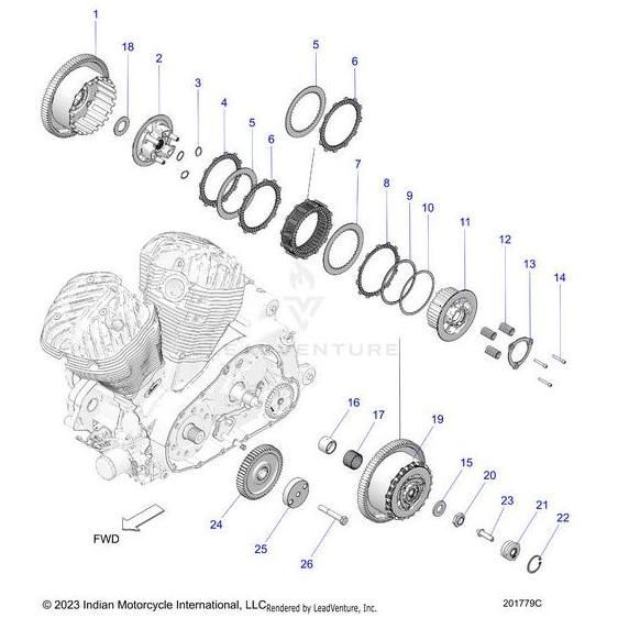Exploded diagram of a motorcycle engine clutch assembly featuring the Clutch | [Incl. 1 14 16 18] by Polaris. Numbered parts such as plates, springs, and gears are labeled—get authentic Polaris components at Witchdoctors.com.