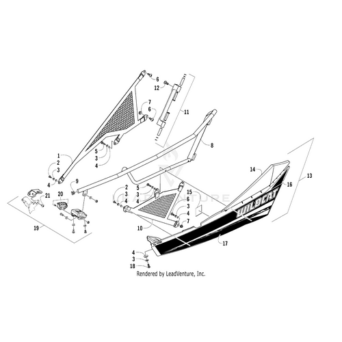 Exploded diagram of a vehicle side frame assembly with labeled parts—panels, brackets, screws, and the Door Decal - Upper Left by Arctic Cat—for easy identification and assembly. OEM Arctic Cat parts available at Witchdoctors.com.